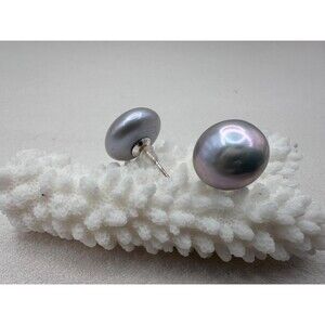 Gray Large 16 mm Button Pearl Stud Earrings, 925 Sterling Silver Posts.